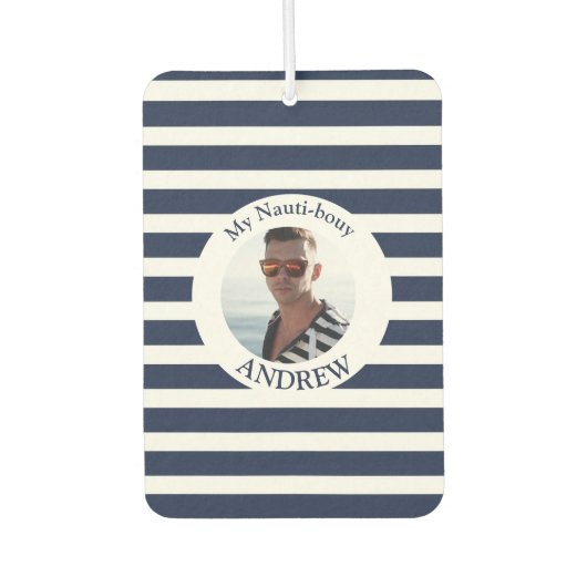 Marine Blauw Wit Gestreepte Nautische Foto Luchtverfrisser (Voorkant)