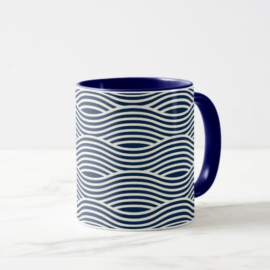 Marine blauw & wit golvend patroon mok (Voorkant rechts)