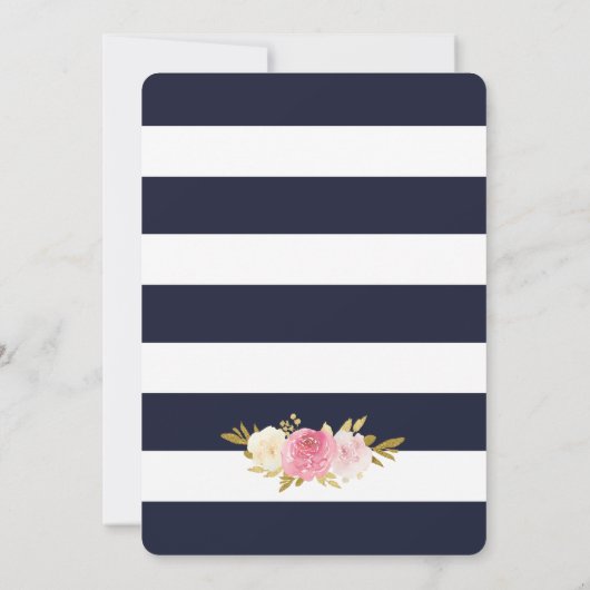 Marine Blauw Wit Goud Blush Roze Bloemen Huwelijk Kaart (Achterkant)