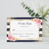 Marine Blauw Wit Goud Blush Roze Bloemen Huwelijk RSVP Kaartje (Staand voorkant)