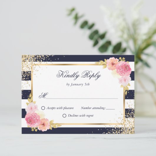 Marine Blauw Wit Goud Blush Roze Bloemen Huwelijk RSVP Kaartje (Staand voorkant)