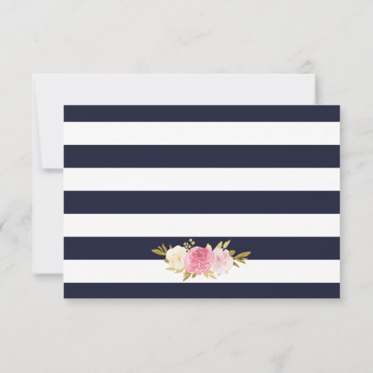 Marine Blauw Wit Goud Blush Roze Bloemen Huwelijk RSVP Kaartje (Achterkant)