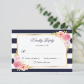 Marine Blauw Wit Goud Blush Roze Bloemen Huwelijk RSVP Kaartje (Staand voorkant)