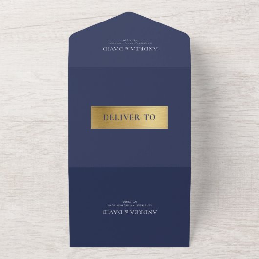 Marine Blauw Wit Goud Kleur Blokken Monogram Bruil All In One Uitnodiging (Buitenkant)