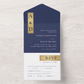 Marine Blauw Wit Goud Kleur Blokken Monogram Bruil All In One Uitnodiging (Binnen)