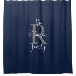Marine blauw wit grijs familienaam monogram douchegordijn