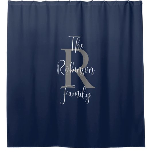Marine blauw wit grijs familienaam monogram douchegordijn (Voorkant)