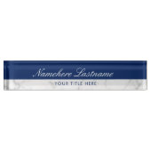 Marine Blauw Wit Grijs Marmer Elegant Script Naambordje (Voorkant)
