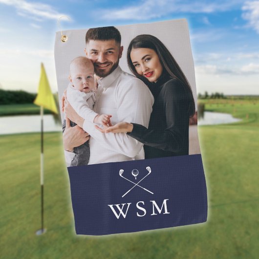 Marine Blauw Wit Klassiek Monogram Foto Golf Clubs Golfhanddoek
