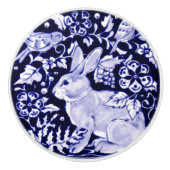 Marine Blauw Wit Konijn Vogel Bloemen Woodland Bun Keramische Knop (Voorkant)