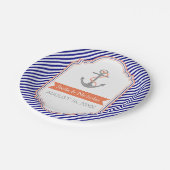 Marine blauw, wit koraal anker nautische bruiloft papieren bordje (Gekanteld)