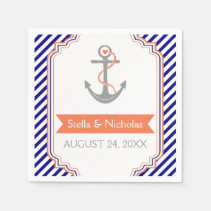 Marine blauw, wit koraal anker nautische bruiloft servetten