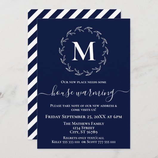 Marine Blauw Wit Krans Monogram Huis Warming Aankondiging (Voorkant / Achterkant)
