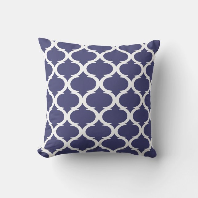 Marine Blauw Wit Lake House Marokkaanse Quatrefoil Kussen (Voorkant)