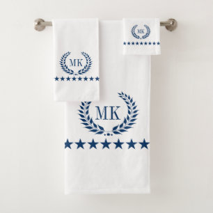 Marine Blauw Wit Laurel Krans Monogram Bad Handdoek