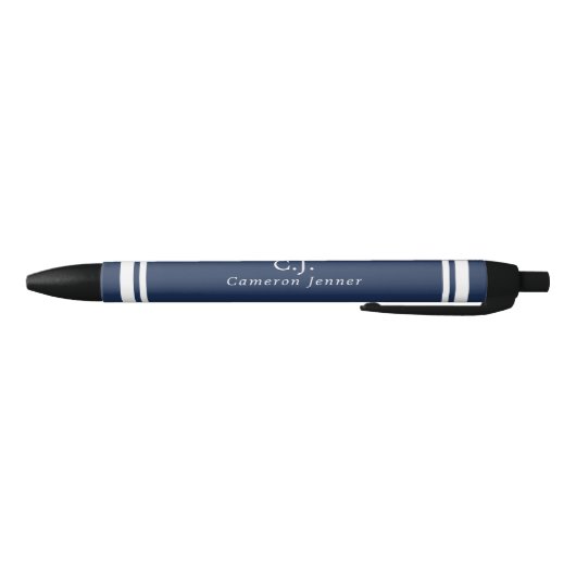 Marine Blauw Wit Lijnen Monogrammed Zwarte Inkt Pen (Bodem)