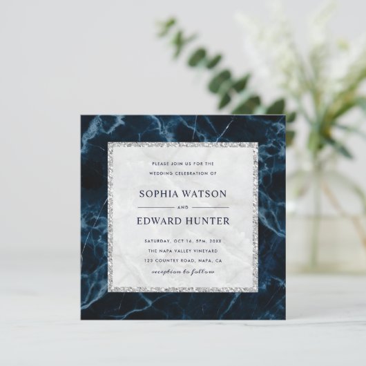 Marine Blauw Wit Marmer Bruiloft Vierkant Kaart (Staand voorkant)