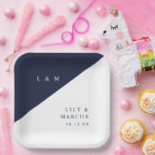 Marine Blauw Wit Moderne Minimalistische Monogram  Papieren Bordje (Feest)