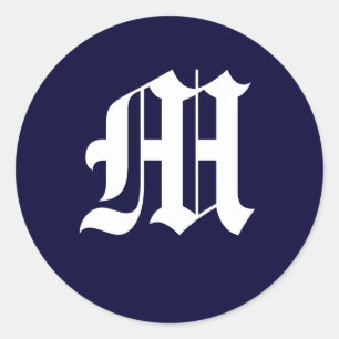 Marine blauw & wit monogram "M" Ronde Sticker