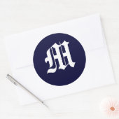 Marine blauw & wit monogram "M" Ronde Sticker (Envelop)