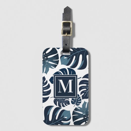 Marine Blauw & Wit Monstera Blad Monogram Bagagelabel (Voorkant (verticaal))
