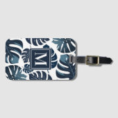 Marine Blauw & Wit Monstera Blad Monogram Bagagelabel (Voorkant (horizontaal))