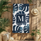 Marine Blauw & Wit Monstera Monogram Strandlaken