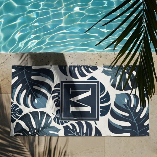 Marine Blauw & Wit Monstera Monogram Strandlaken