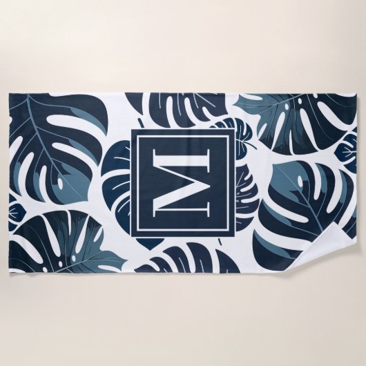 Marine Blauw & Wit Monstera Monogram Strandlaken (Voorkant)