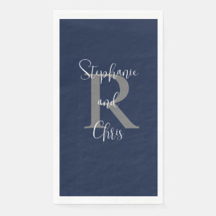 Marine Blauw Wit Naam Monogram Papier Gastendoek Servet