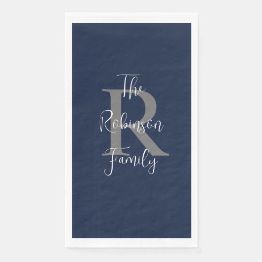 Marine Blauw Wit Naam Monogram Papier Gastendoek Servet (Voorkant)