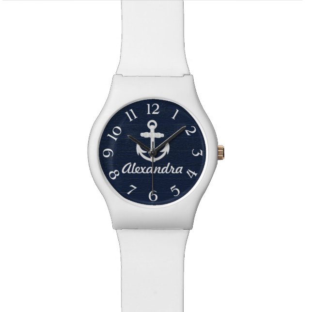Marine blauw/wit nautisch anker gepersonaliseerd polshorloge (Close Up)