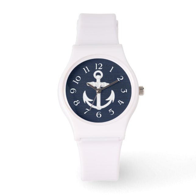 Marine blauw/wit nautisch anker w/nummers horloge (Voorkant)