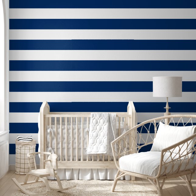 Marine Blauw Wit Nautische Horizontale Strepen Lij Behang (Kinderen)