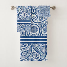 Marine Blauw & Wit Paisley Patroon Strepen Accent Bad Handdoek