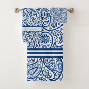 Marine Blauw & Wit Paisley Patroon Strepen Accent Bad Handdoek