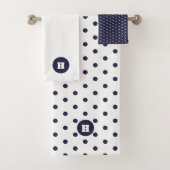Marine Blauw Wit Polka Dot Monogram Badhanddoek Se Bad Handdoek (Insitu)