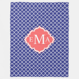 Marine Blauw & Wit Quatrefoil Geometrisch Patroon Fleece Deken