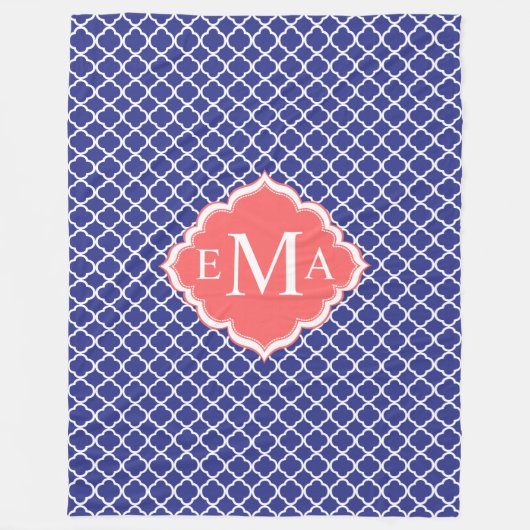 Marine Blauw & Wit Quatrefoil Geometrisch Patroon Fleece Deken (Voorkant)