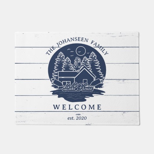 Marine Blauw & Wit Rustiek Hout Nautisch Lake Hous Deurmat (Voorkant)