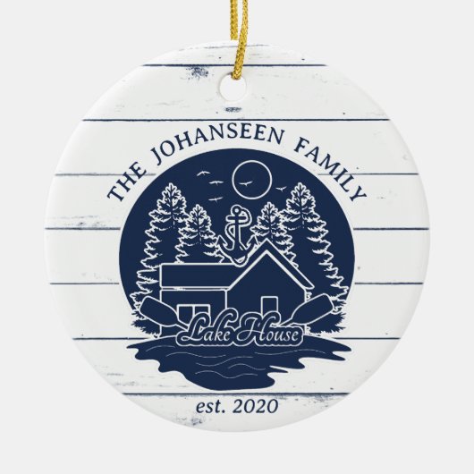 Marine Blauw & Wit Rustiek Hout Nautisch Lake Hous Keramisch Ornament (Voorkant)