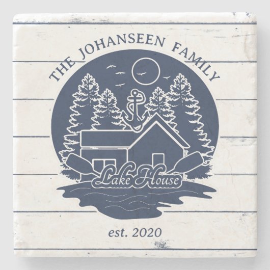 Marine Blauw & Wit Rustiek Hout Nautisch Lake Hous Stenen Onderzetter (Voorkant)