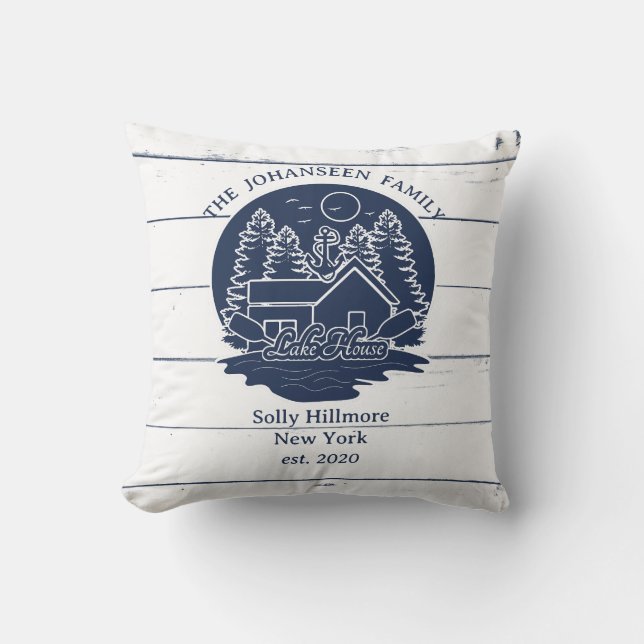 Marine Blauw Wit Rustiek Houten Lake House Familie Kussen (Voorkant)