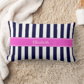 Marine Blauw Wit Streep Heet Roze Naam Monogram Kussen (Deken)