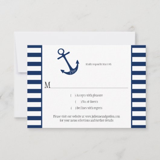 Marine Blauw Wit Strepen Anker Nautisch Thema RSVP (Voorkant)