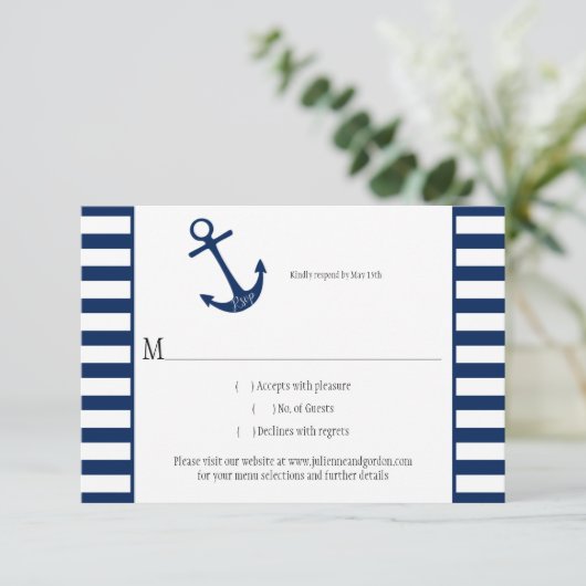Marine Blauw Wit Strepen Anker Nautisch Thema RSVP (Staand voorkant)