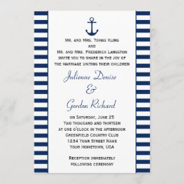 Marine Blauw Wit Strepen Anker Nautische Bruilofte Kaart