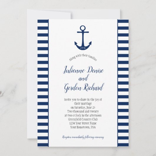 Marine Blauw Wit Strepen Anker Nautische Bruilofte Kaart (Voorkant)