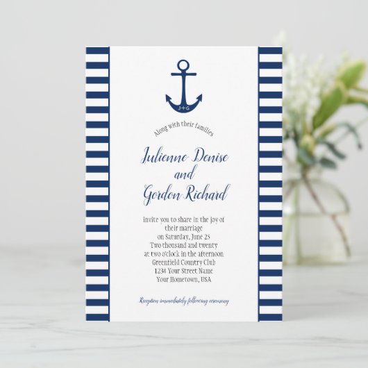 Marine Blauw Wit Strepen Anker Nautische Bruilofte Kaart (Staand voorkant)