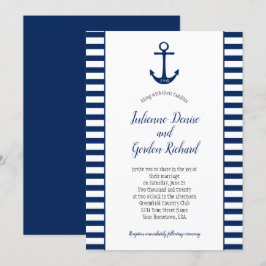 Marine Blauw Wit Strepen Anker Nautische Bruilofte Kaart